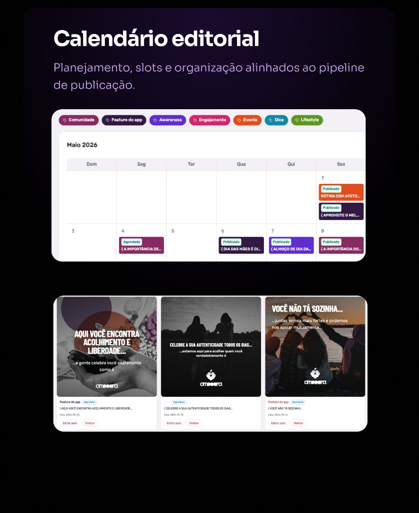 Calendário editorial com categorias, status Publicado e Agendado, e cards de gestão de posts