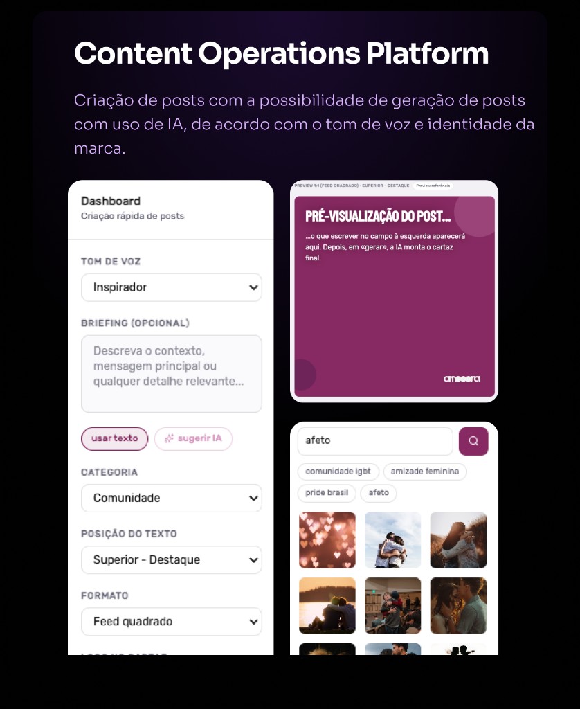 Content Operations Studio: dashboard de criação de posts com IA, preview 1:1 e busca de imagens